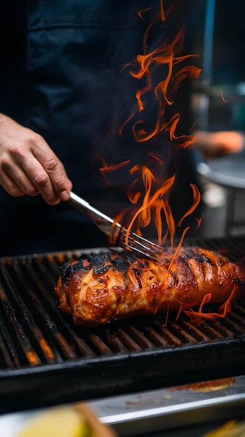 Close up of grilled red pork with chef cooking in kitchen Vertical Mobile Wallpaper