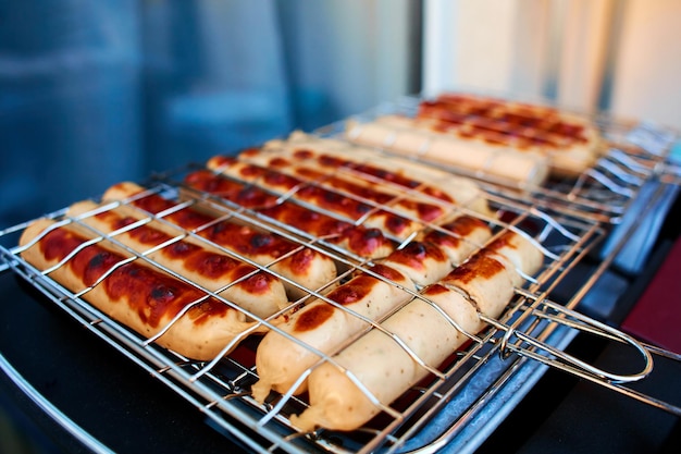 Close-up of grilled sausages. Weekend cooking close up.