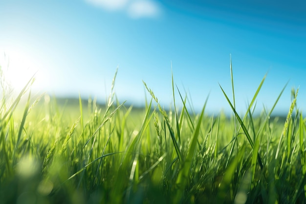Close-up Groen gras en blauwe lucht Natuur achtergrond