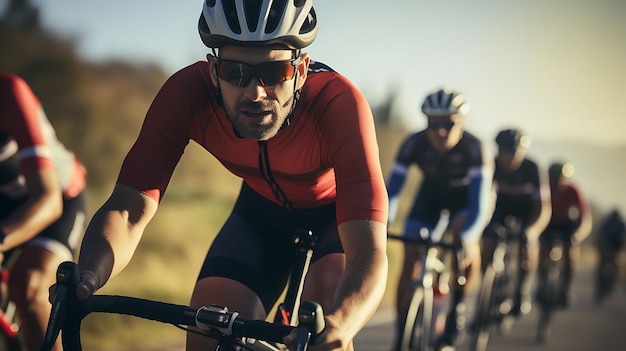 Close-up groep fietsers met professionele racing sportkleding rijden op een open weg fietsroute
