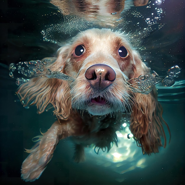 close-up groothoek onderwaterfoto resultaat van een hond onder water