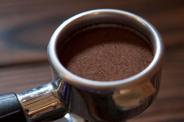 close-up of ground coffee in filter on table