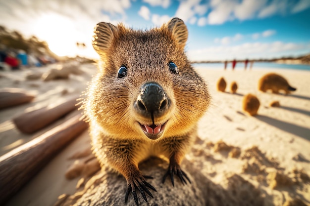 Close up of groundhog on beach with other groundhogs in the background Generative AI