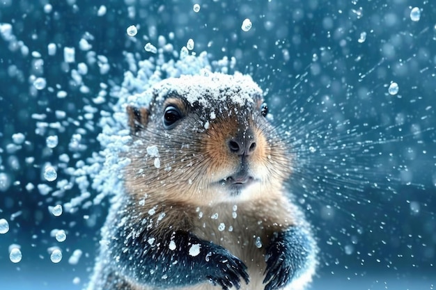 Close up of a groundhog in the snow Generative AI