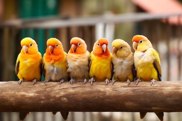 Close up group of agapornis parrot perched on branch