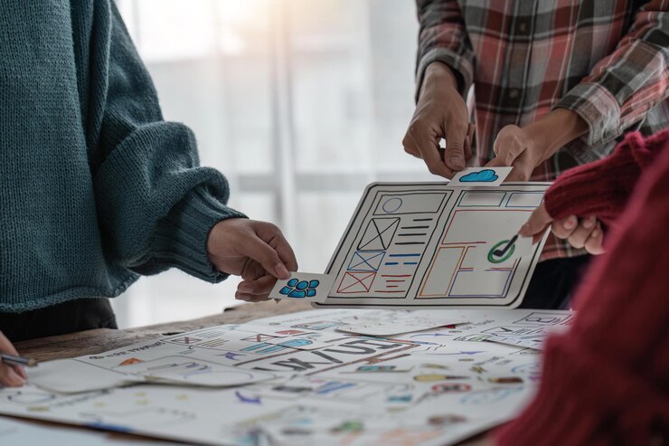 Photo close up group of asian creative team programing designers participate in all phases of the ux and ui design