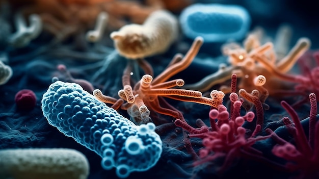 A close up of a group of bacteria and a red and blue bacteria.