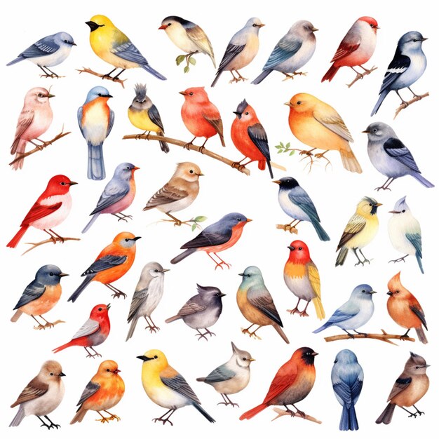 a close up of a group of birds sitting on a branch generative ai