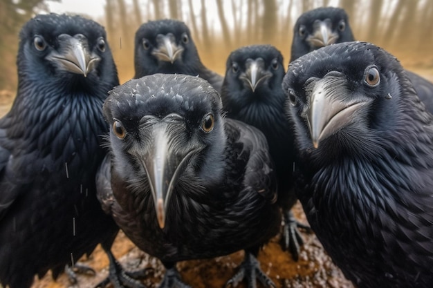 Close up of a group of black Raven selfie generative ai