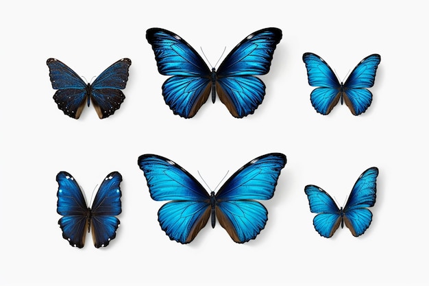 a close up of a group of blue butterflies on a white surface generative ai