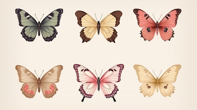 A close up of a group of butterflies on a white background generative ai