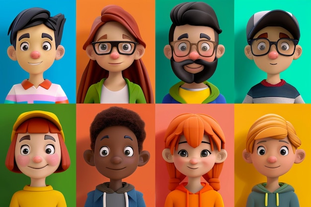 Photo a close up of a group of cartoon characters with different expressions generative ai