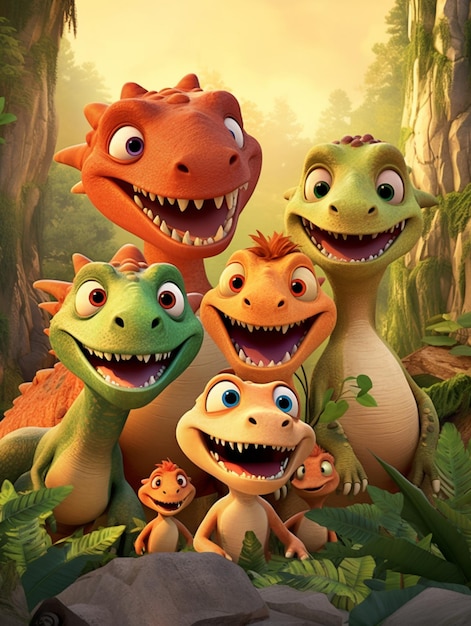 A close up of a group of cartoon dinosaurs in a jungle generative ai