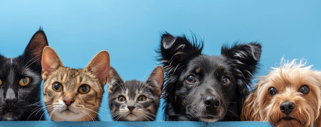 Photo the close up of the group of cat and dog in front of a blue background aigx