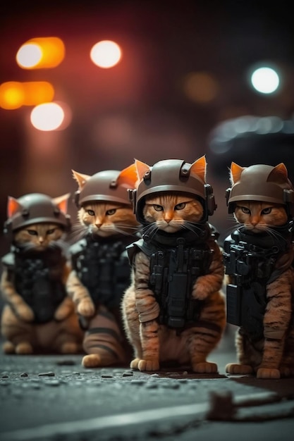 A close up of group cats in military uniforms generative ai