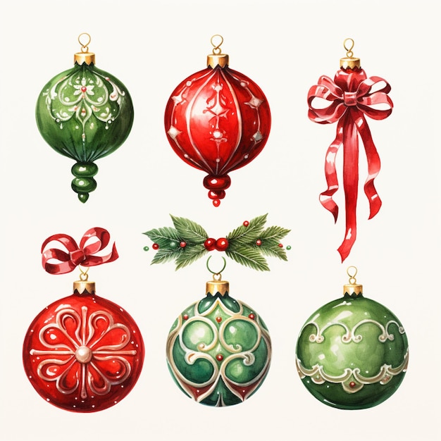 a close up of a group of christmas ornaments on a white background generative ai