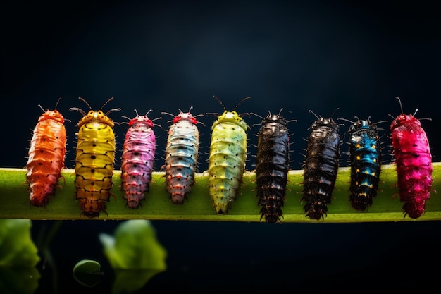 A close up of a group of colorful bugs on a stem generative ai