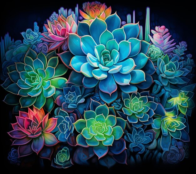 A close up of a group of colorful succulents on a black background generative ai