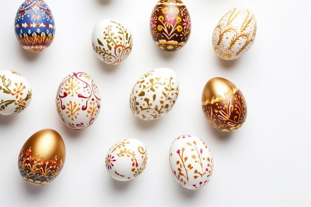 a close up of a group of decorated eggs on a white surface generative ai