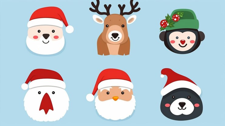 Photo クリスマスの帽子をかぶった異なる動物のグループのクローズアップ