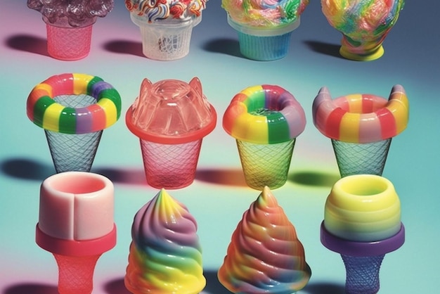 Крупный план группы разноцветных рожков мороженого, генерирующий искусственный интеллект