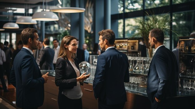 close up a group of employees talking standing in a circle High quality photo