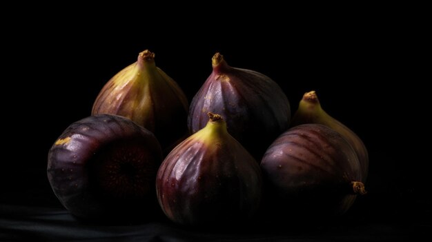 A close up of a group of figs on a black background