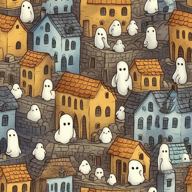 A close up of a group of ghost houses with a lot of ghosts. generative ai