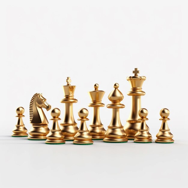 a close up of a group of gold chess pieces on a white surface generative ai