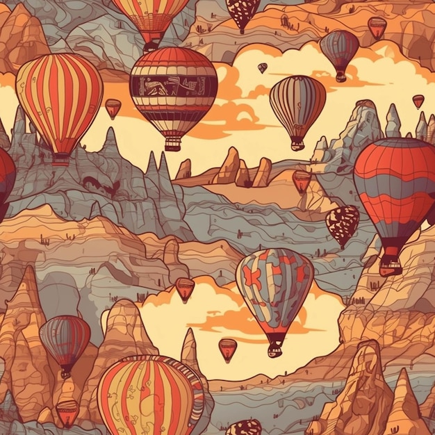 A close up of a group of hot air balloons flying over a mountain generative ai