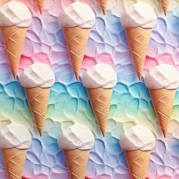 a close up of a group of ice cream cones on a colorful surface generative ai