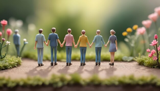 A close up of a group of miniature people holding hands in a garden