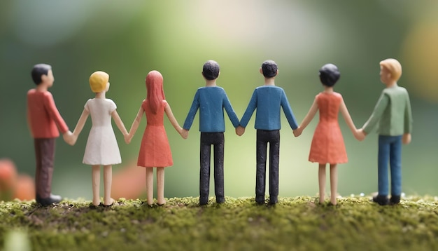 A close up of a group of miniature people holding hands in a garden
