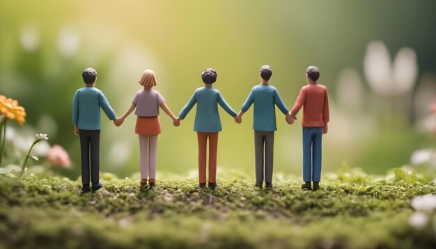 A close up of a group of miniature people holding hands in a garden