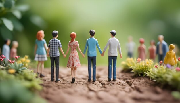 A close up of a group of miniature people holding hands in a garden