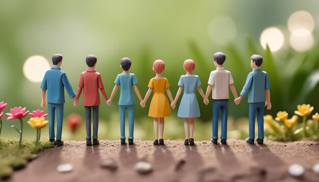 A close up of a group of miniature people holding hands in a garden