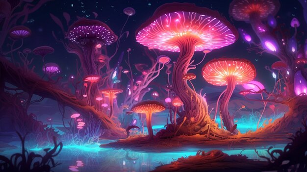 a close up of a group of mushrooms in a forest generative ai