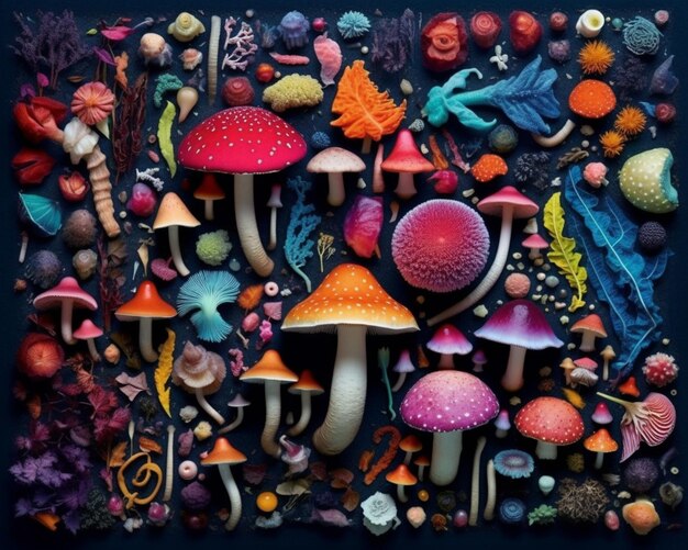 A close up of a group of mushrooms and other plants generative ai