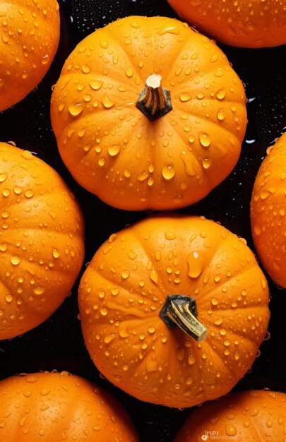 A close up of a group of orange pumpkins with water droplets generative ai