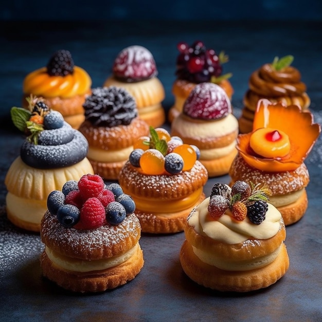 Foto un primo piano di un gruppo di pasticcini con frutta in cima ai generativo