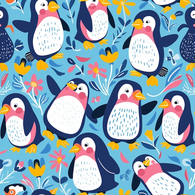 a close up of a group of penguins on a blue background generative ai