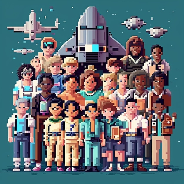 Photo a close up of a group of people standing in front of a pixel art generative ai