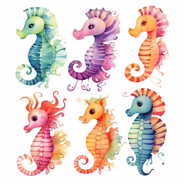 A close up of a group of seahorses painted in watercolor generative ai