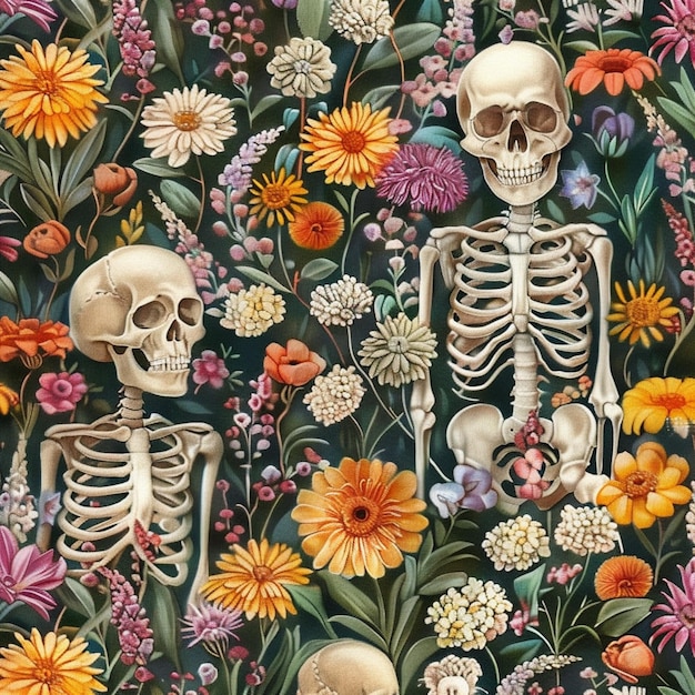 a close up of a group of skeletons in a field of flowers generative ai