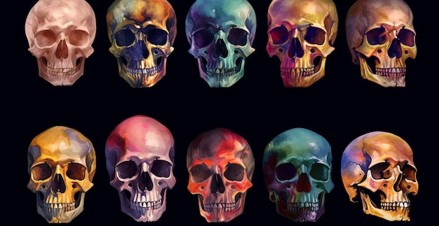 A close up of a group of skulls with different colors generative ai