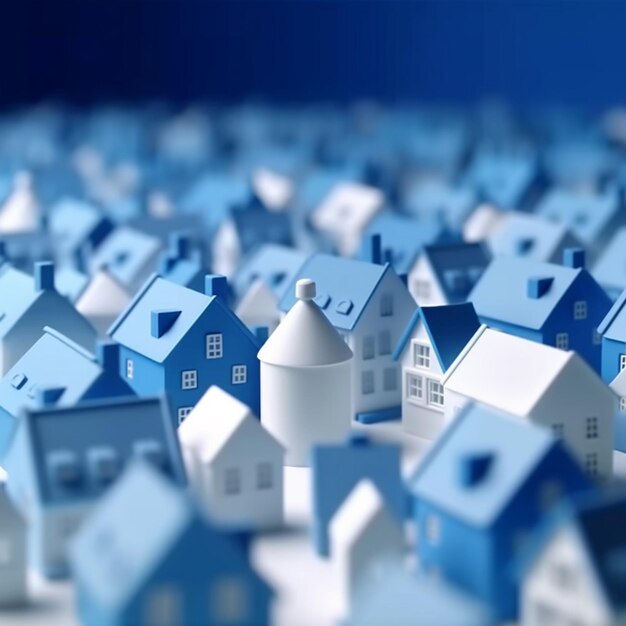 A close up of a group of small blue and white houses generative ai