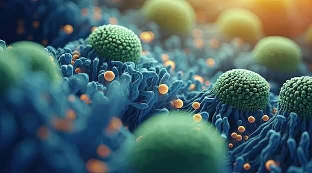 a close up of a group of small green microbes in the style of dark beige and blue