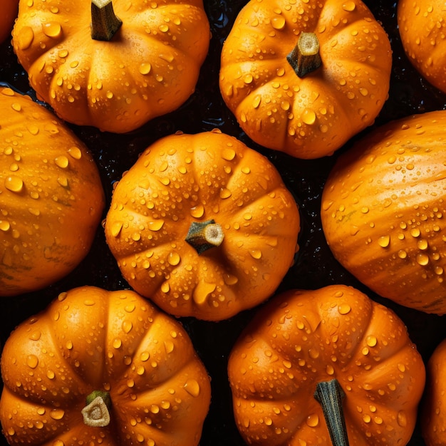 A close up of a group of small pumpkins with water droplets generative ai