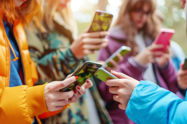 Close up of a group of young people using smartphone mobile phones together