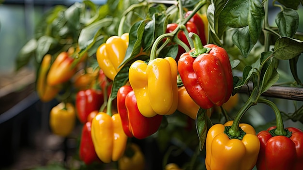 close up of growing red and yellow peppers organic agriculture